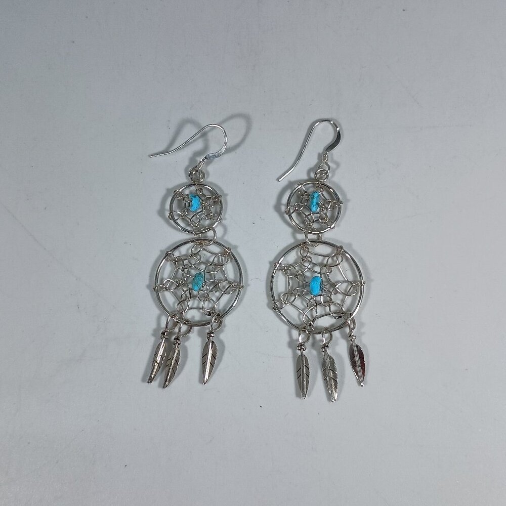 Native American Navajo Sterling Silver Turquoise Dreamcatcher Dangling Earring's